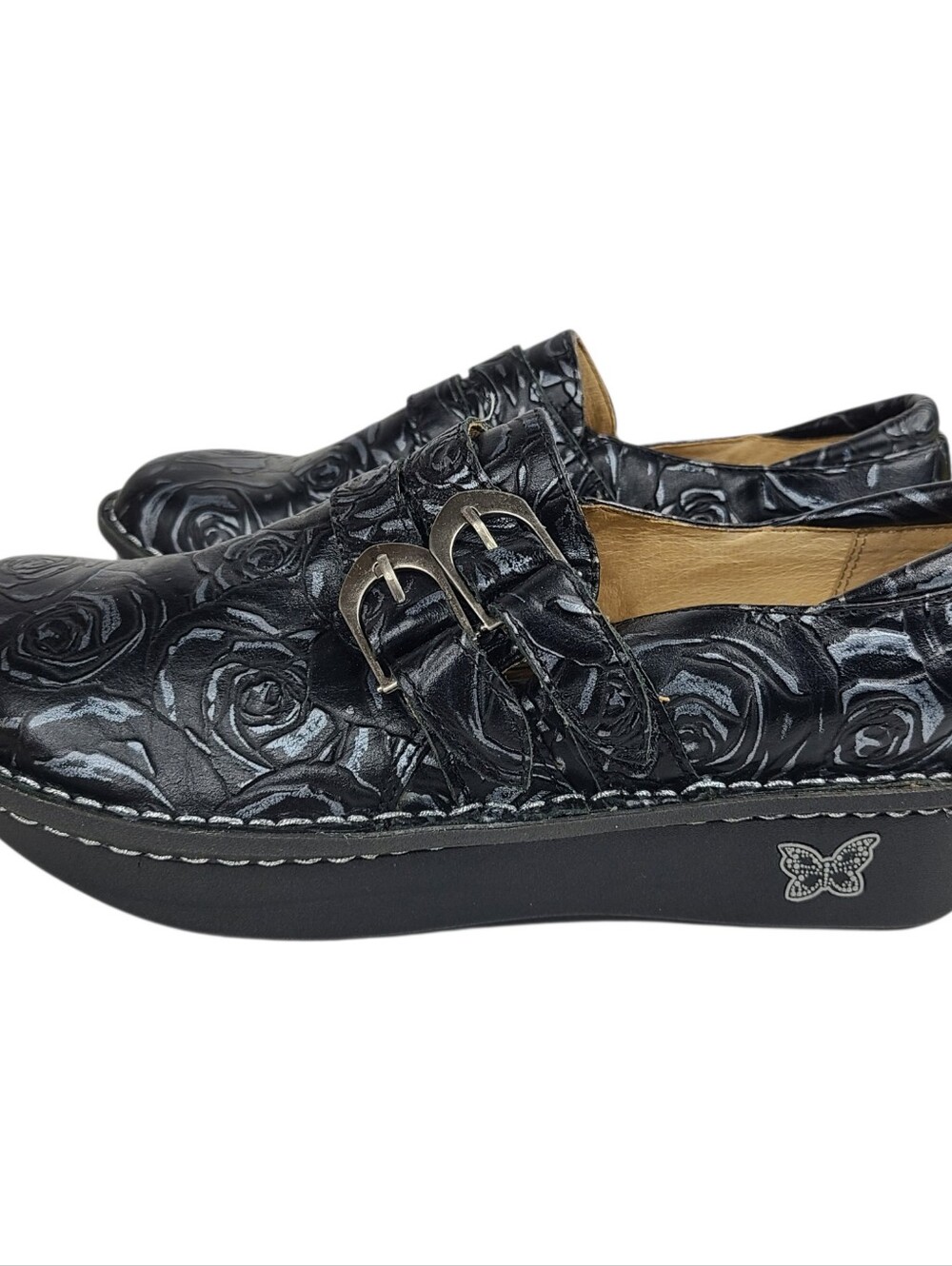 Alegria Alli Black Rose Embossed Double Buckle Comfort Clogs Women's Size 37/6.5